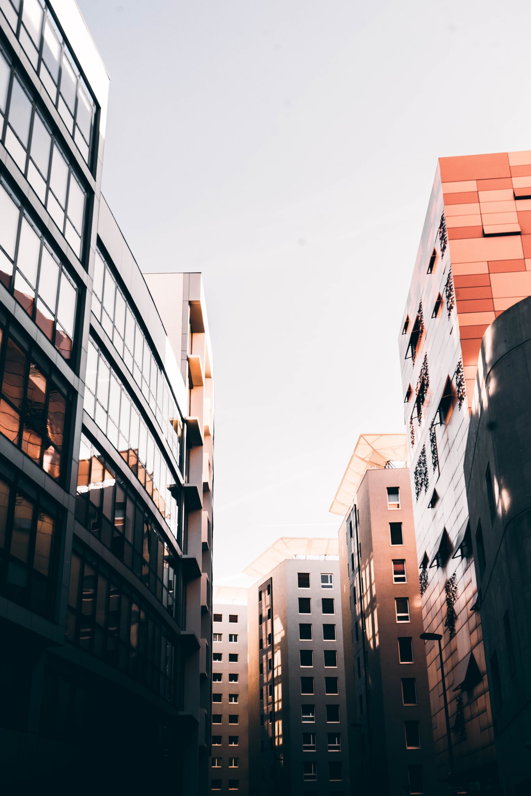 The beautiful architecture of Marseille, France with tall business buildings and white sky